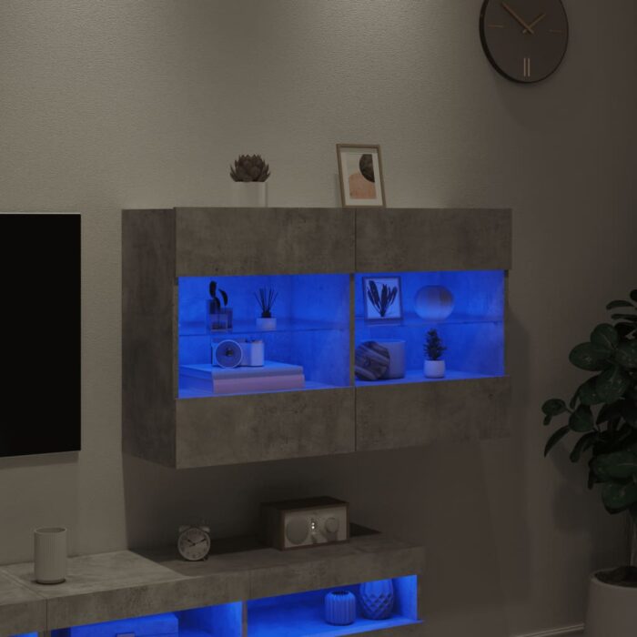Meuble TV mural avec lumières LED gris béton 98,5x30x60,5 cm – Image 2