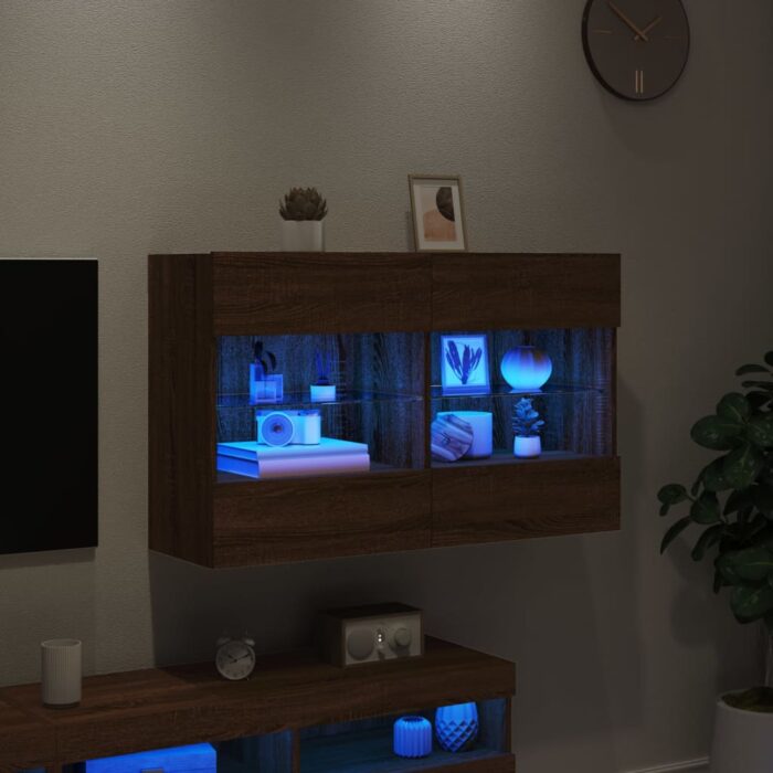 Meuble TV mural avec lumières LED chêne marron 98,5x30x60,5 cm – Image 2