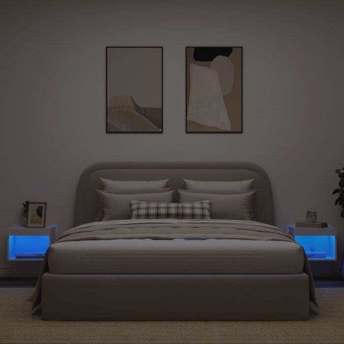 Tables de chevet murales avec lumières LED 2 pcs blanc – Image 2