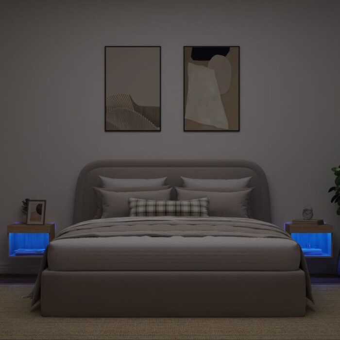 Tables de chevet murales avec lumières LED 2 pcs chêne sonoma – Image 2