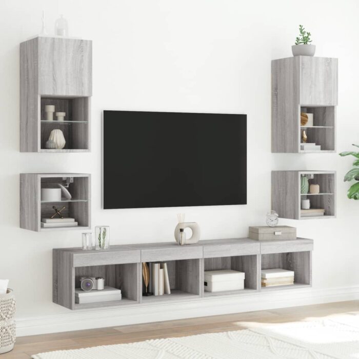 Tables de chevet murales avec lumières LED 2 pcs sonoma gris – Image 3