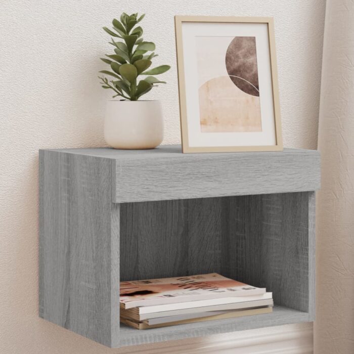 Tables de chevet murales avec lumières LED 2 pcs sonoma gris – Image 1