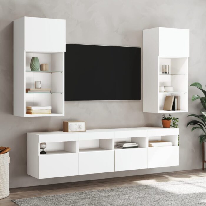 Meubles TV muraux avec lumières LED 2 pcs blanc 40x30x40 cm – Image 3