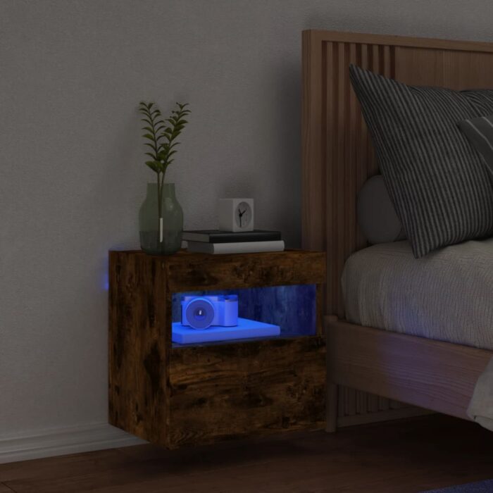 Meuble TV mural avec lumières LED chêne fumé 40x30x40 cm – Image 2