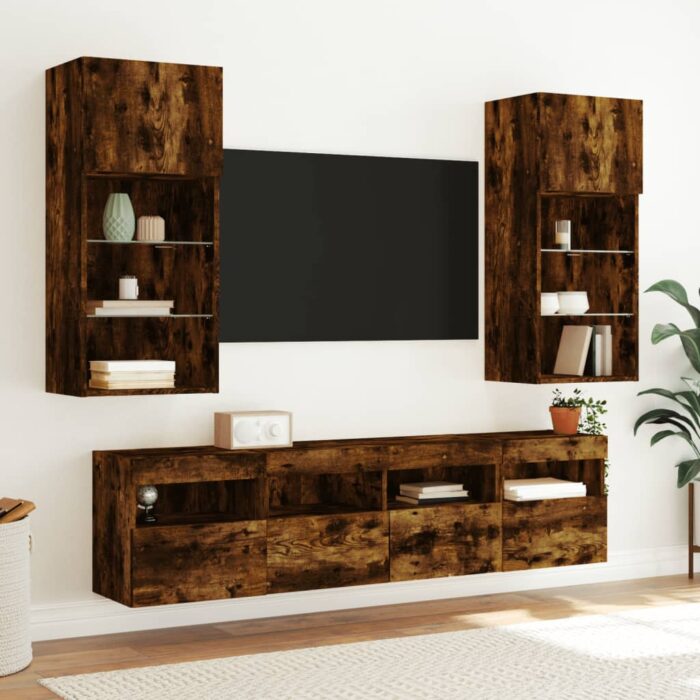 Meuble TV mural avec lumières LED chêne fumé 40x30x40 cm – Image 4