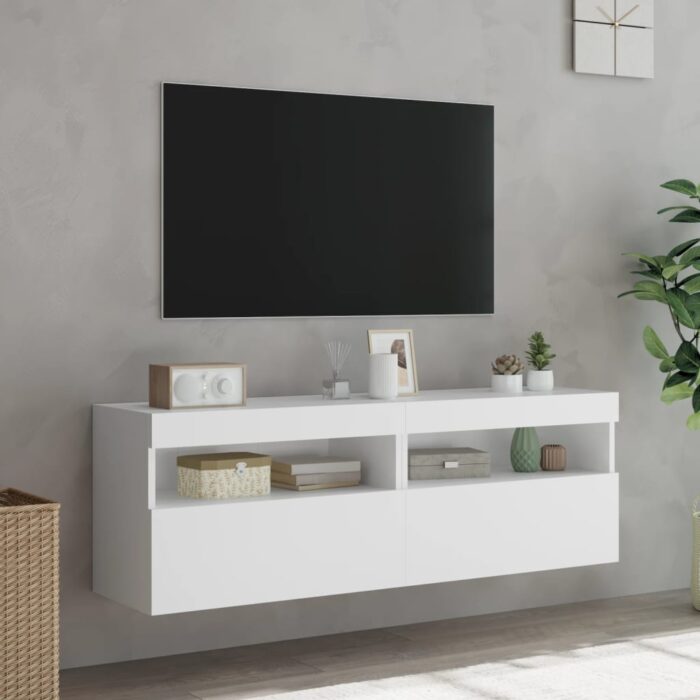 Meubles TV muraux avec lumières LED 2 pcs blanc 60x30x40 cm – Image 3