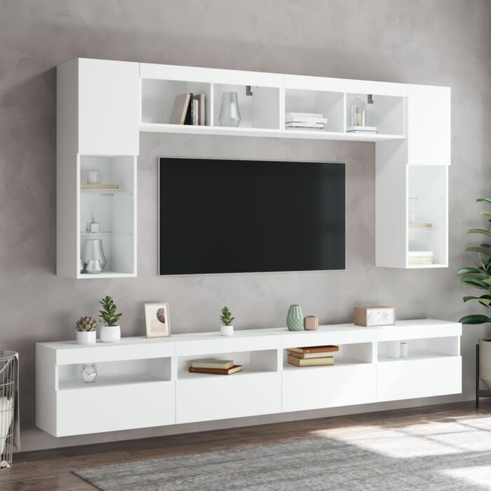 Meubles TV muraux avec lumières LED 2 pcs blanc 60x30x40 cm – Image 4