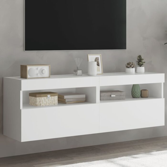 Meubles TV muraux avec lumières LED 2 pcs blanc 60x30x40 cm – Image 1