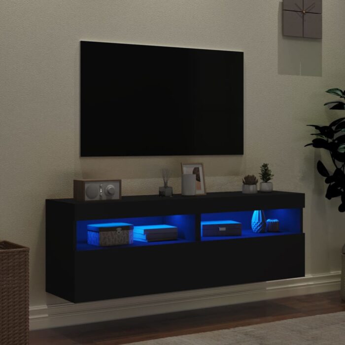 Meubles TV muraux avec lumières LED 2 pcs noir 60x30x40 cm – Image 2