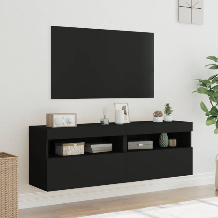 Meubles TV muraux avec lumières LED 2 pcs noir 60x30x40 cm – Image 3