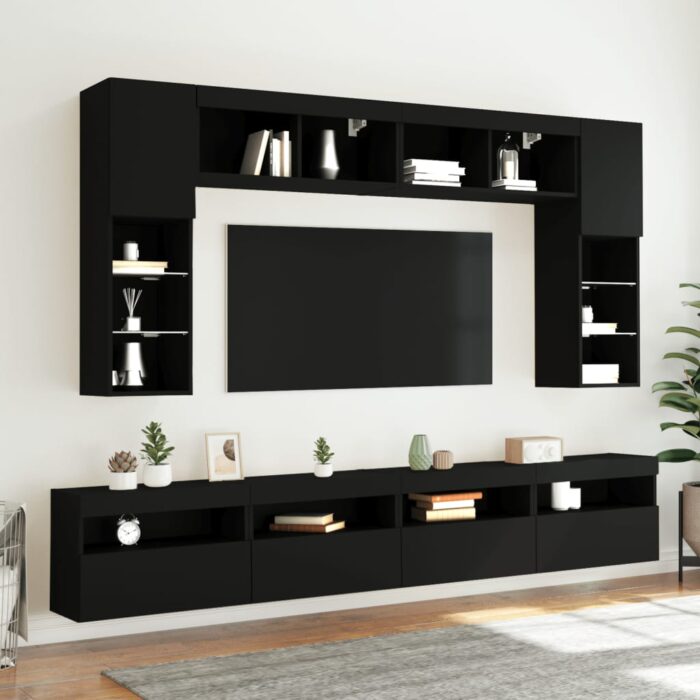 Meubles TV muraux avec lumières LED 2 pcs noir 60x30x40 cm – Image 4