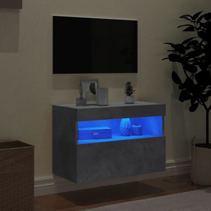 Meuble TV mural avec lumières LED gris béton 60x30x40 cm – Image 2