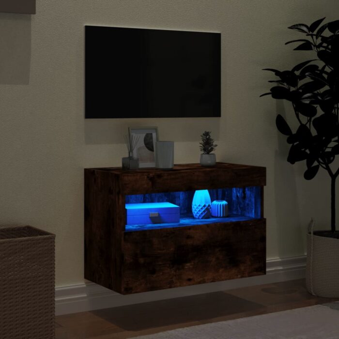 Meuble TV mural avec lumières LED chêne fumé 60x30x40 cm – Image 2