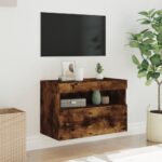 Meuble TV mural avec lumières LED chêne fumé 60x30x40 cm – Image 3