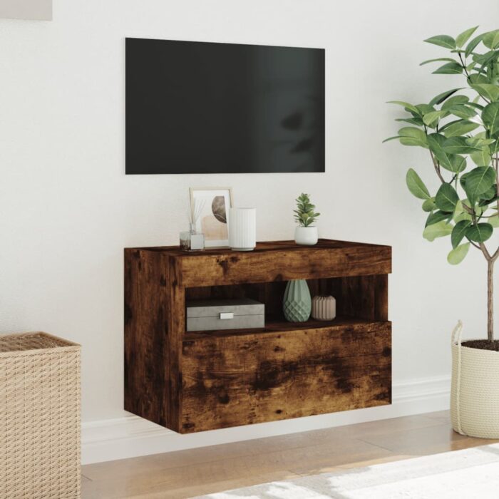 Meuble TV mural avec lumières LED chêne fumé 60x30x40 cm – Image 3