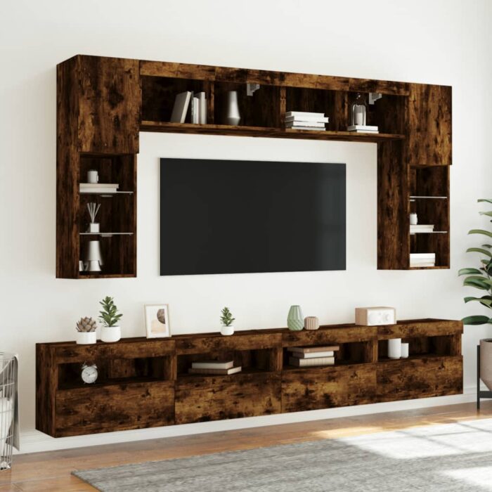 Meuble TV mural avec lumières LED chêne fumé 60x30x40 cm – Image 4