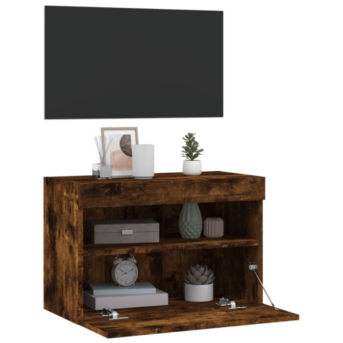 Meuble TV mural avec lumières LED chêne fumé 60x30x40 cm – Image 5