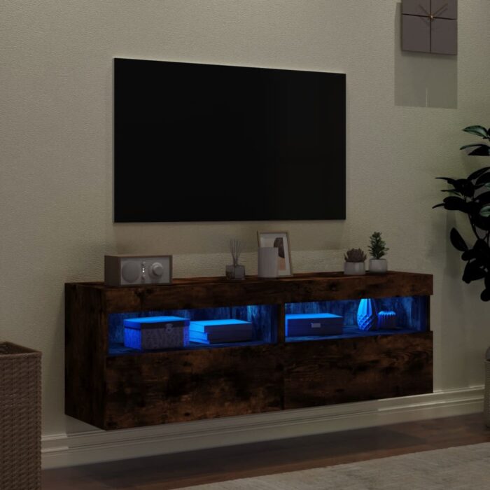 Meubles TV muraux et lumières LED 2pcs chêne fumé 60x30x40 cm – Image 2