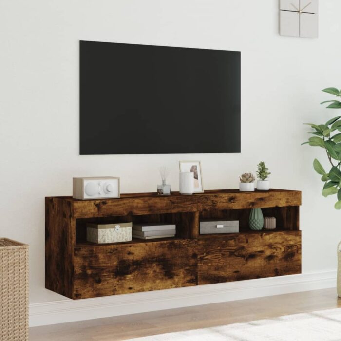 Meubles TV muraux et lumières LED 2pcs chêne fumé 60x30x40 cm – Image 3