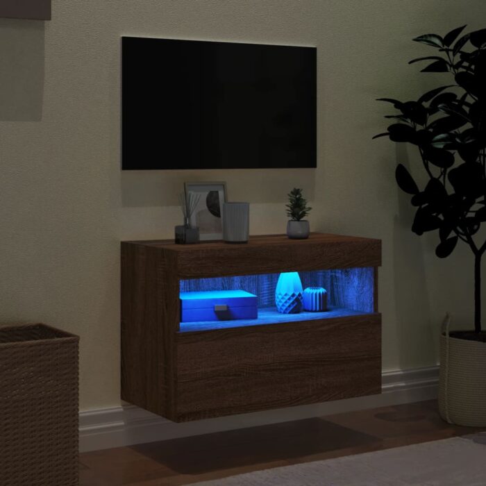 Meuble TV mural avec lumières LED chêne marron 60x30x40 cm – Image 2