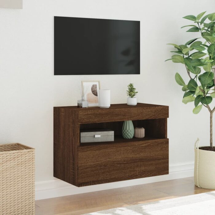 Meuble TV mural avec lumières LED chêne marron 60x30x40 cm – Image 3