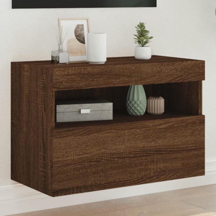 Meuble TV mural avec lumières LED chêne marron 60x30x40 cm – Image 1