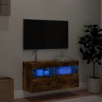 Meuble TV mural avec lumières LED chêne fumé 80x30x40 cm – Image 2