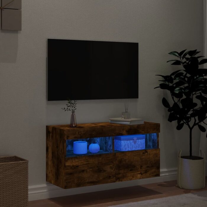 Meuble TV mural avec lumières LED chêne fumé 80x30x40 cm – Image 2