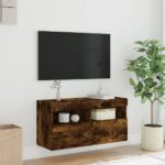 Meuble TV mural avec lumières LED chêne fumé 80x30x40 cm – Image 3