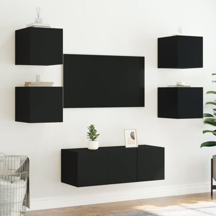 Meubles TV muraux avec lumières LED 2 pcs noir 30,5x35x30 cm – Image 3