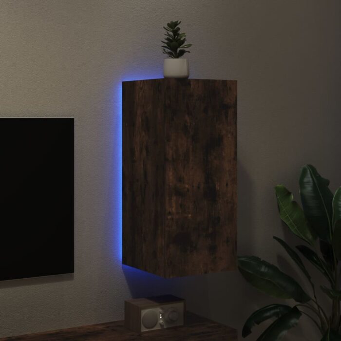 Meuble TV mural avec lumières LED chêne fumé 30,5x35x70 cm – Image 2