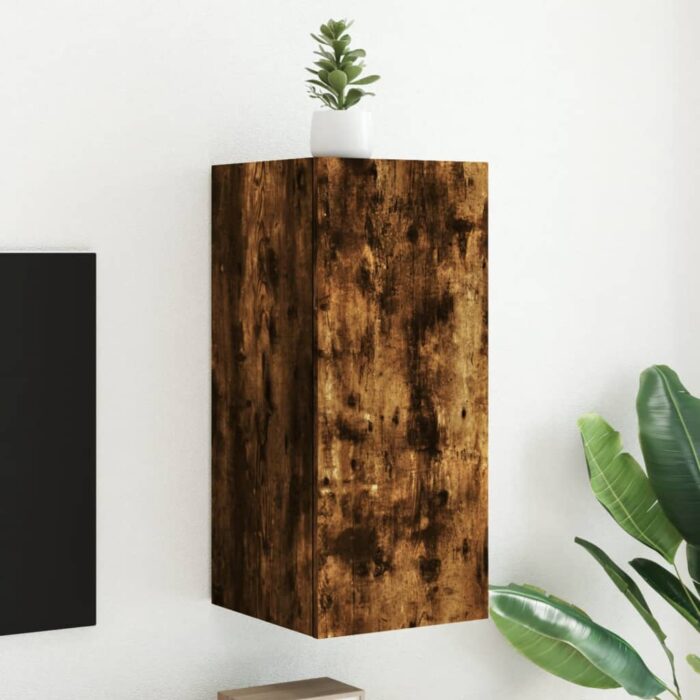 Meuble TV mural avec lumières LED chêne fumé 30,5x35x70 cm – Image 1