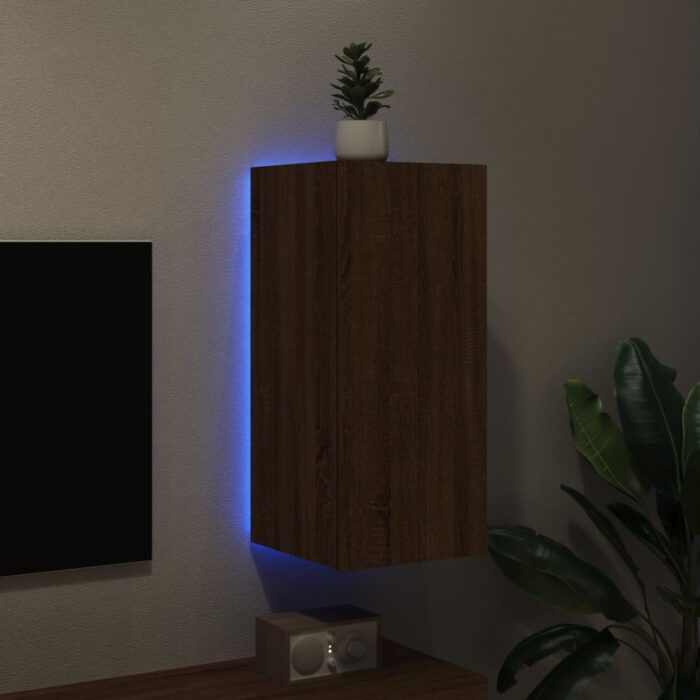 Meuble TV mural avec lumières LED chêne marron 30,5x35x70 cm – Image 2