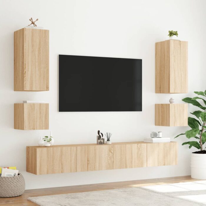 Meubles TV muraux lumières LED 2 pcs chêne sonoma 40,5x35x40 cm – Image 2
