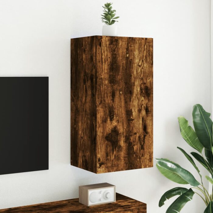 Meuble TV mural avec lumières LED chêne fumé 40,5x35x80 cm – Image 2