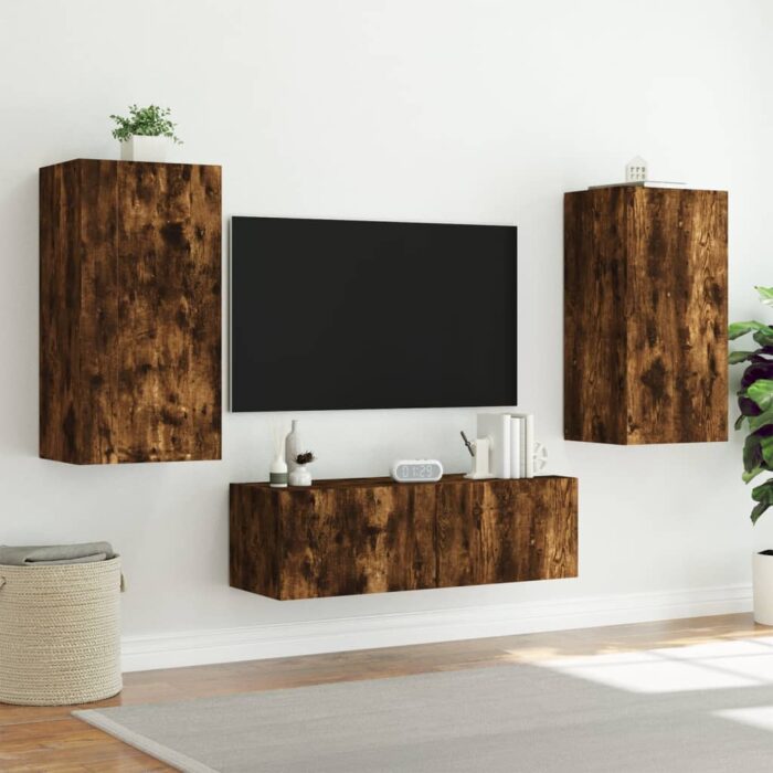 Meuble TV mural avec lumières LED chêne fumé 40,5x35x80 cm – Image 3