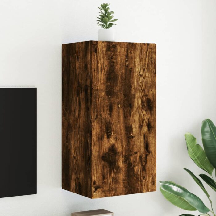 Meuble TV mural avec lumières LED chêne fumé 40,5x35x80 cm – Image 1