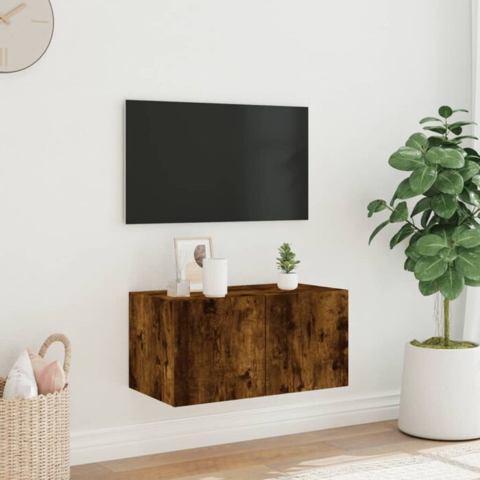 Meuble TV mural avec lumières LED chêne fumé 60x35x31 cm – Image 2