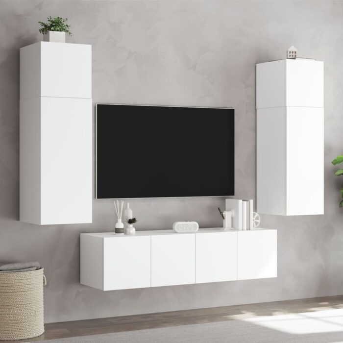 Meubles TV muraux avec lumières LED 2 pcs blanc 80x35x31 cm – Image 3