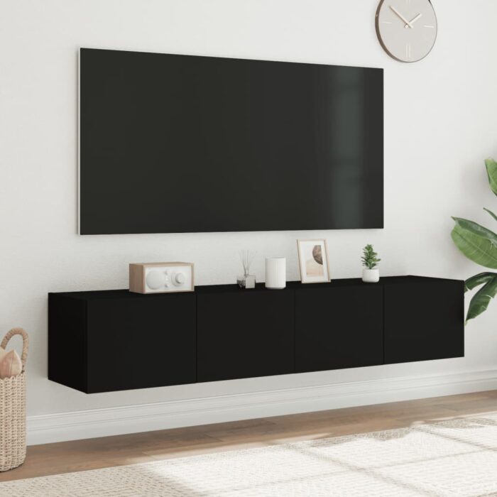 Meubles TV muraux avec lumières LED 2 pcs noir 80x35x31 cm – Image 2
