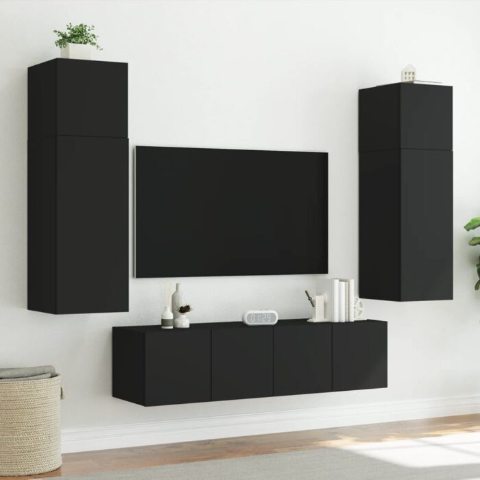 Meubles TV muraux avec lumières LED 2 pcs noir 80x35x31 cm – Image 3