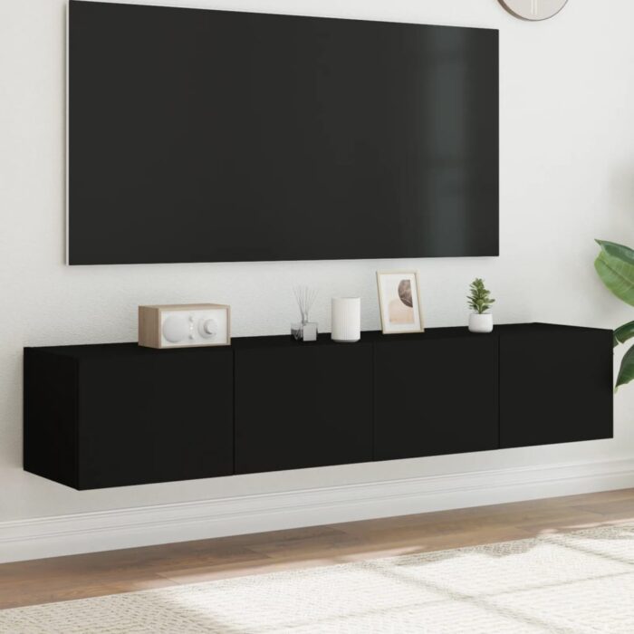 Meubles TV muraux avec lumières LED 2 pcs noir 80x35x31 cm – Image 1