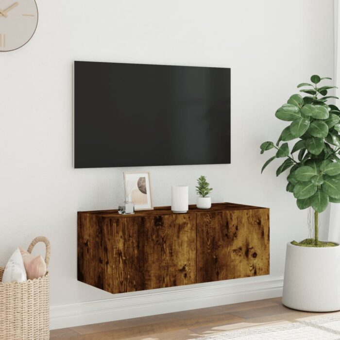 Meuble TV mural avec lumières LED chêne fumé 80x35x31 cm – Image 2