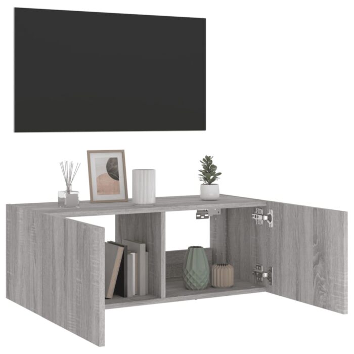 Meuble TV mural avec lumières LED sonoma gris 80x35x31 cm – Image 4