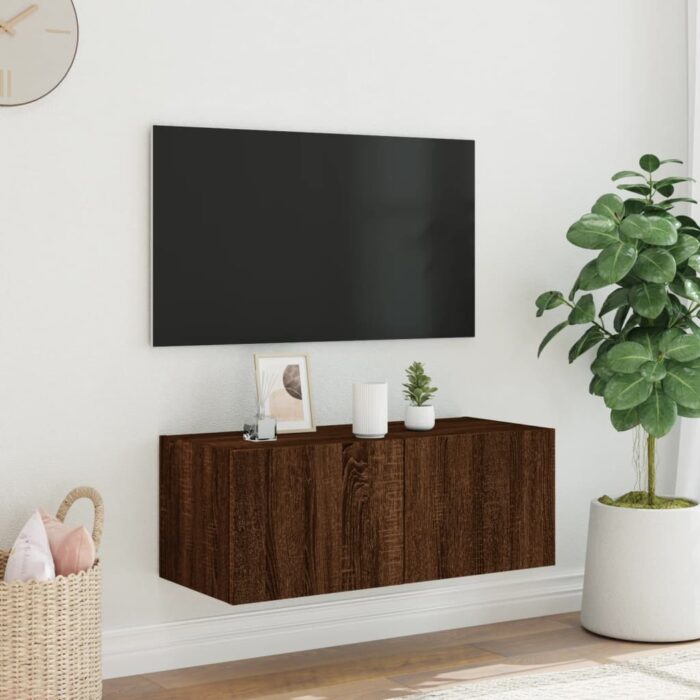 Meuble TV mural avec lumières LED chêne marron 80x35x31 cm – Image 2