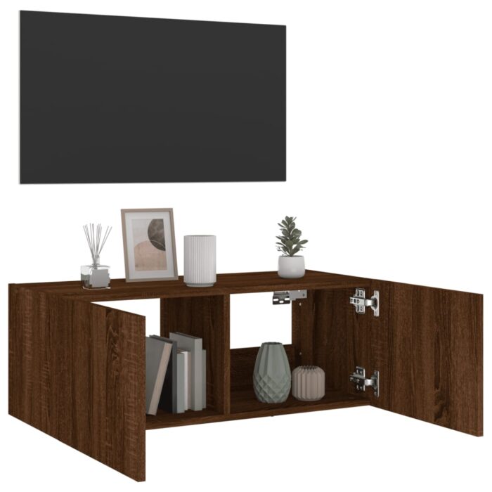 Meuble TV mural avec lumières LED chêne marron 80x35x31 cm – Image 4