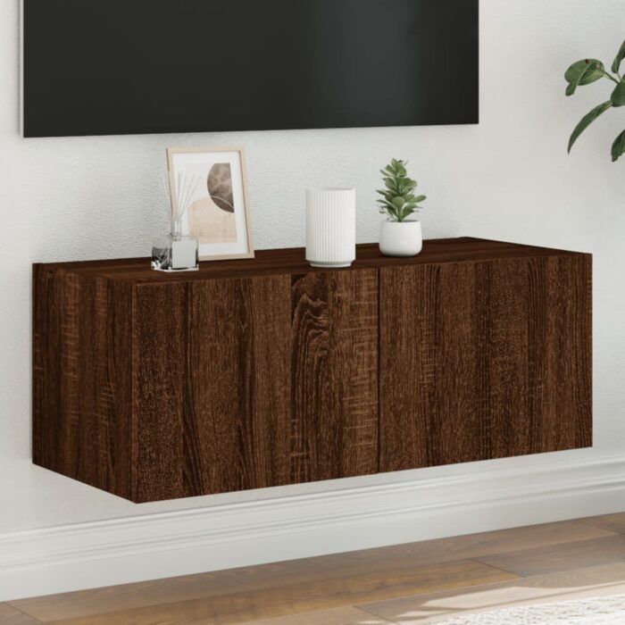 Meuble TV mural avec lumières LED chêne marron 80x35x31 cm – Image 1