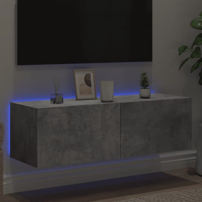 Meuble TV mural avec lumières LED gris béton 100x35x31 cm – Image 2