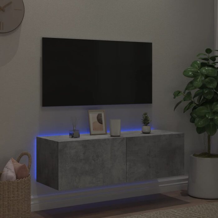Meuble TV mural avec lumières LED gris béton 100x35x31 cm – Image 3