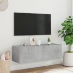 Meuble TV mural avec lumières LED gris béton 100x35x31 cm – Image 4